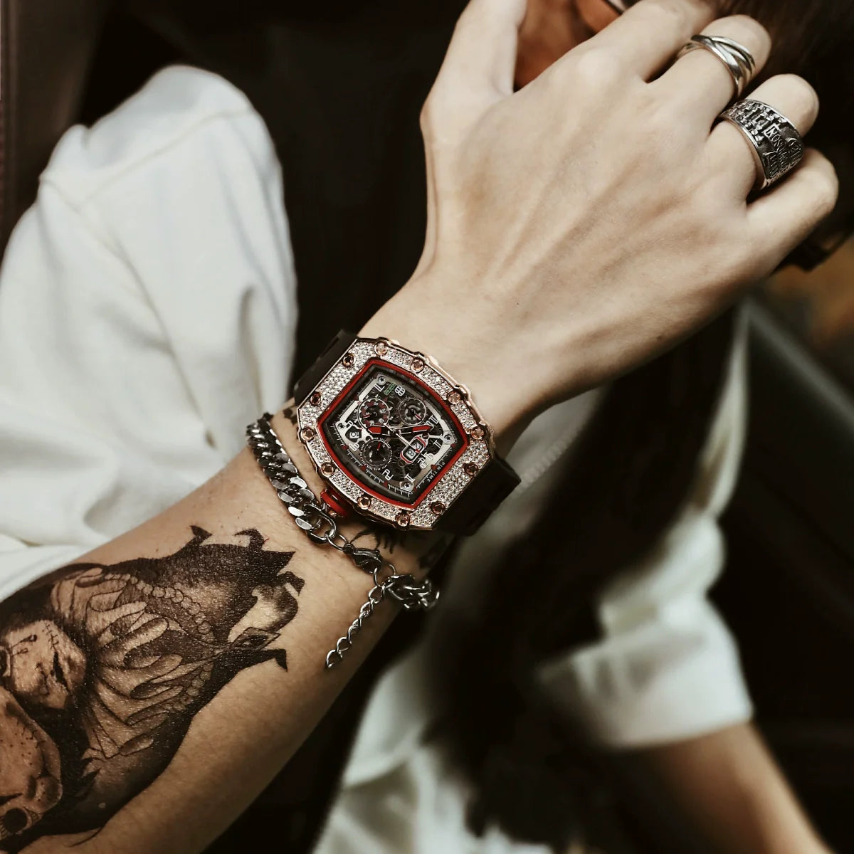 Coralie Unisex Skeleton Watch - Black Rose Gold Dial