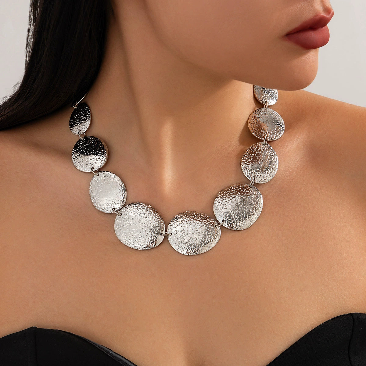 Indy Textured Oval Jewelry Set - Necklace - Silver [KQV2DMTB]