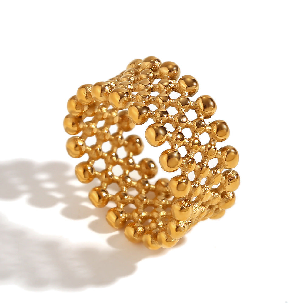 Avri Geometric Ring Collection - Small Bead Mesh Cross Ring - Gold - Size 6 [UVS32ESK]