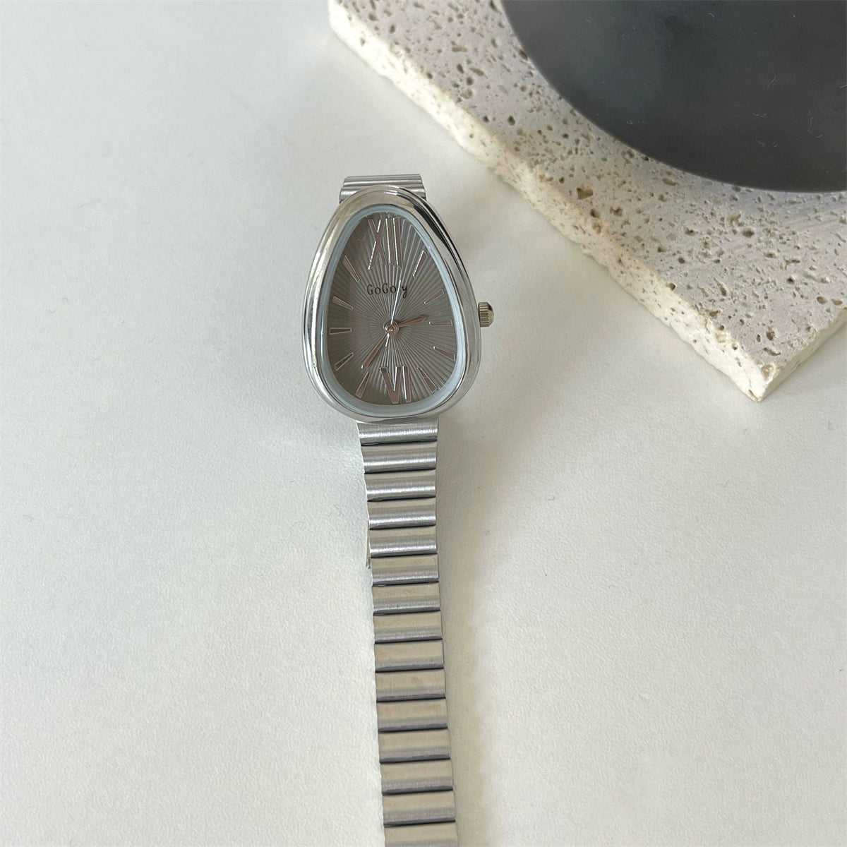 Kenadie Vintage Snake Head Watch - Silver Bamboo Joint Strap, Grey Face [QHQPX3NS]