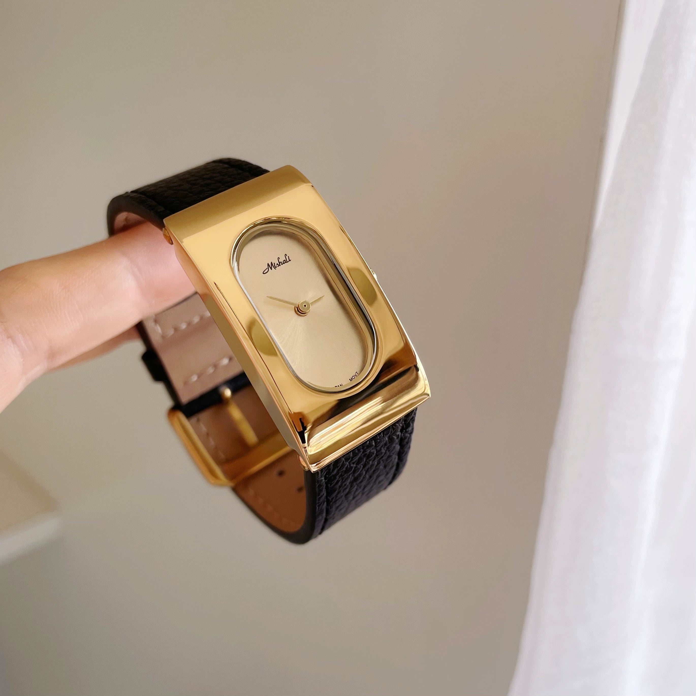 Shanaya Elegant Square Watch - Gold Case Black Strap [RHLDNF8Q]