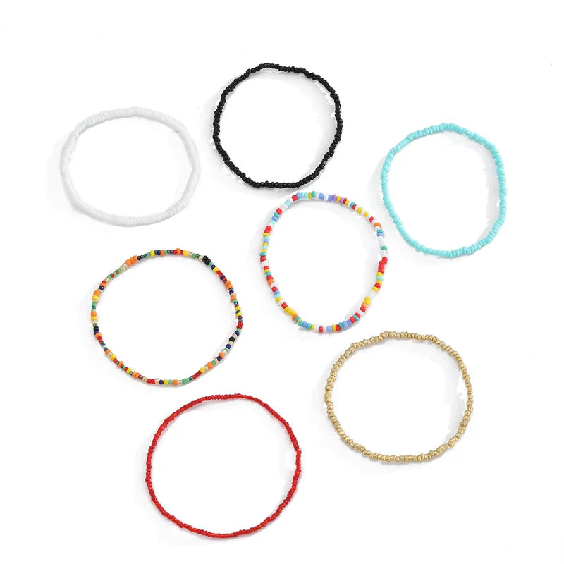 Aniah Rainbow Beaded Stack - Mixed Color Anklets (7 Pcs)