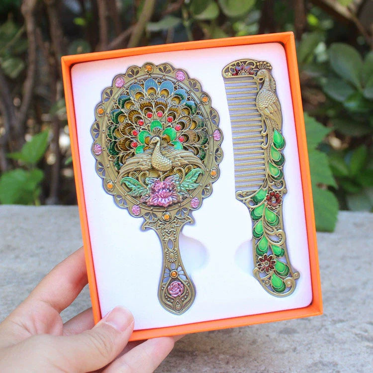 Hillary Vintage Mirror Set - Copper Spreading Tail Peacock - Yellow Box
