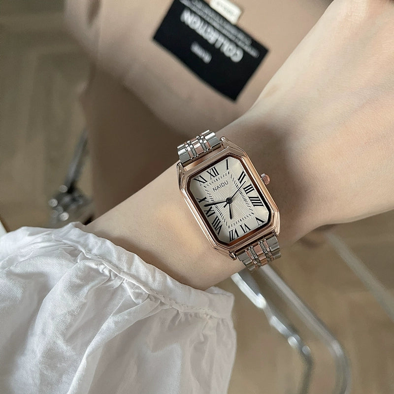 Everett Sleek Steel Watch - Two-Tone (Naidu Steel Band, Roman Rectangular Dial) [BX6YH484]