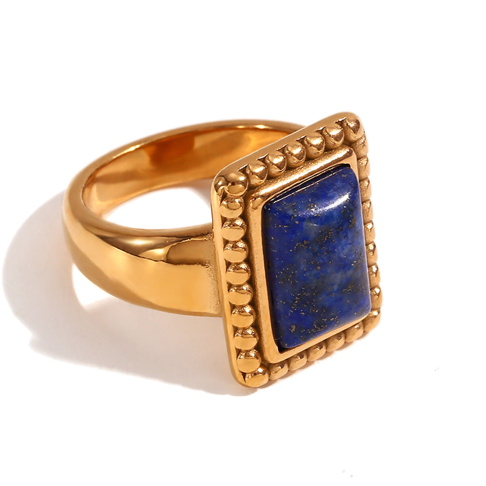 Shaindy Retro Stone Rings - Lace Rectangular Natural Stone Ring - Gold - Lapis Lazuli - Size 6 [G145EO2U]