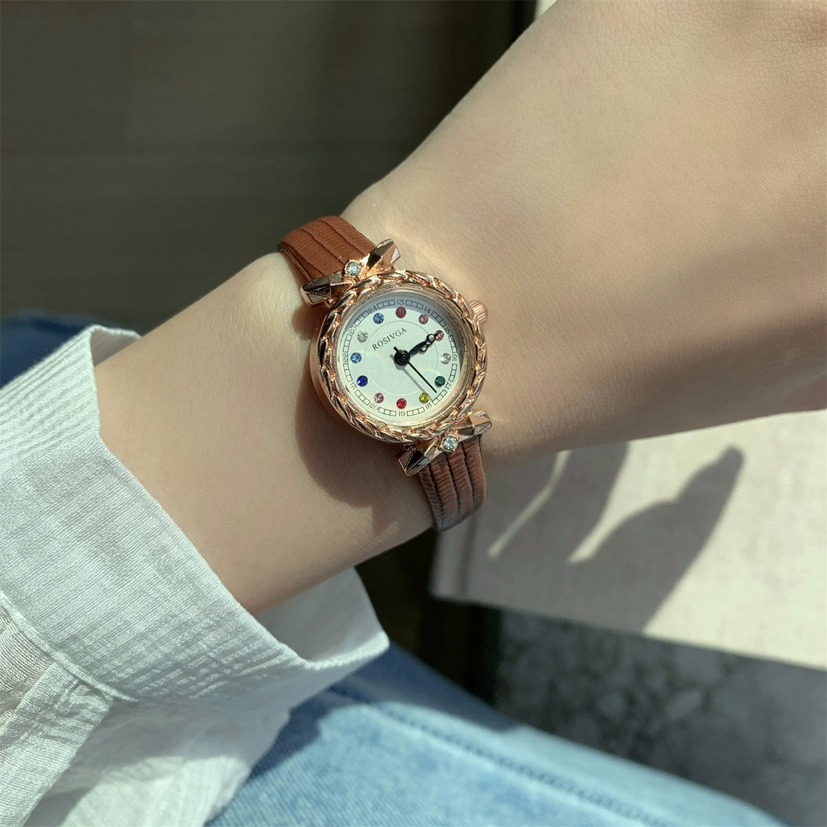 Alyanna Crystal Dainty Watch - Coffee Strap, Rose Gold Case [5T5I3AN7]