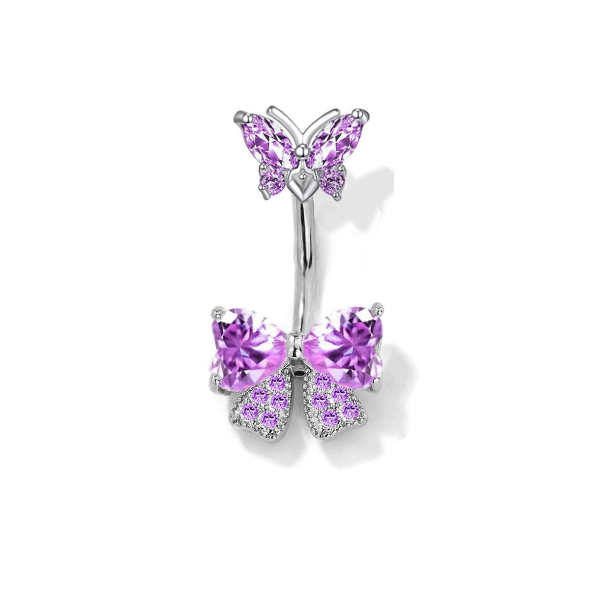 Gia Sparkling Bow Belly Ring - Purple Stone (Platinum Tone) [4FROSCMV]