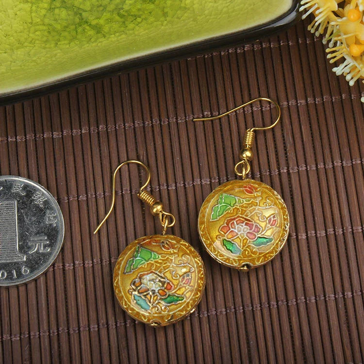 Adia Vintage Enamel Drop Earrings - Gold Round Floral