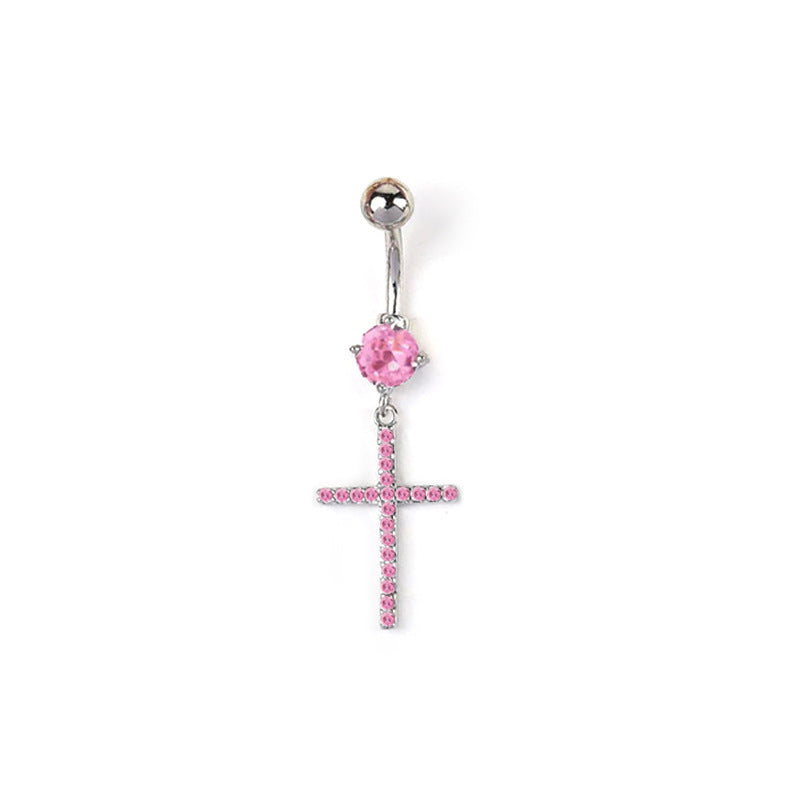 Catherine Zircon Cross Navel Ring - Pink (White Gold) [ZKKSGKJE]