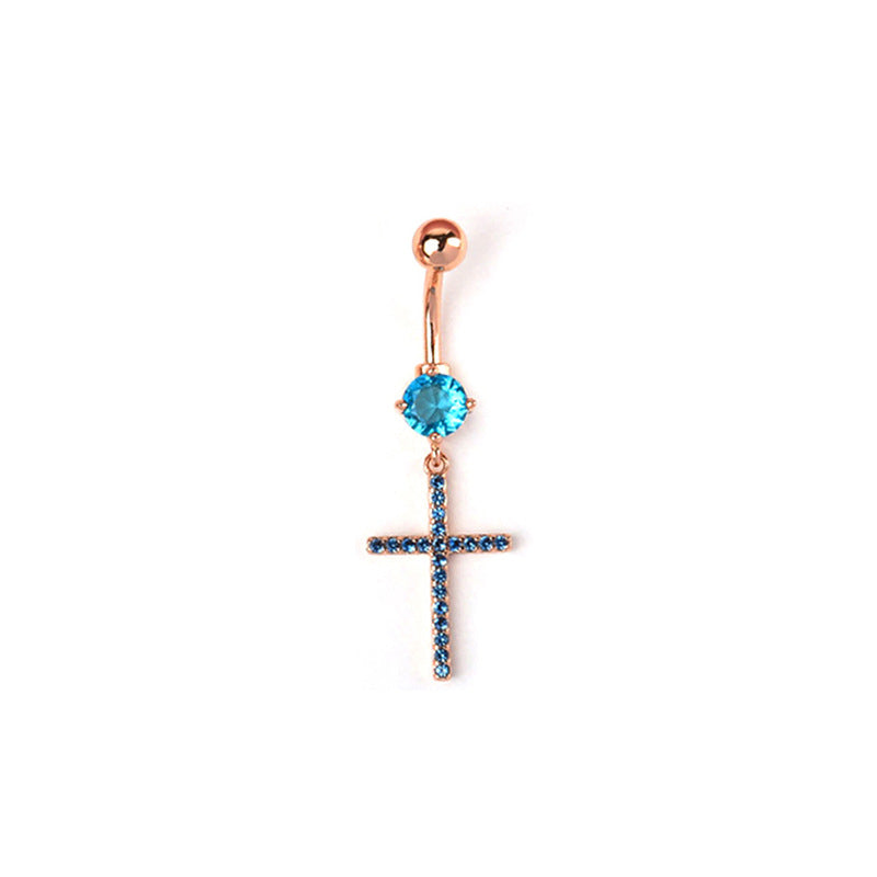Catherine Zircon Cross Navel Ring - Blue (Rose Gold) [PJ42W4Y4]