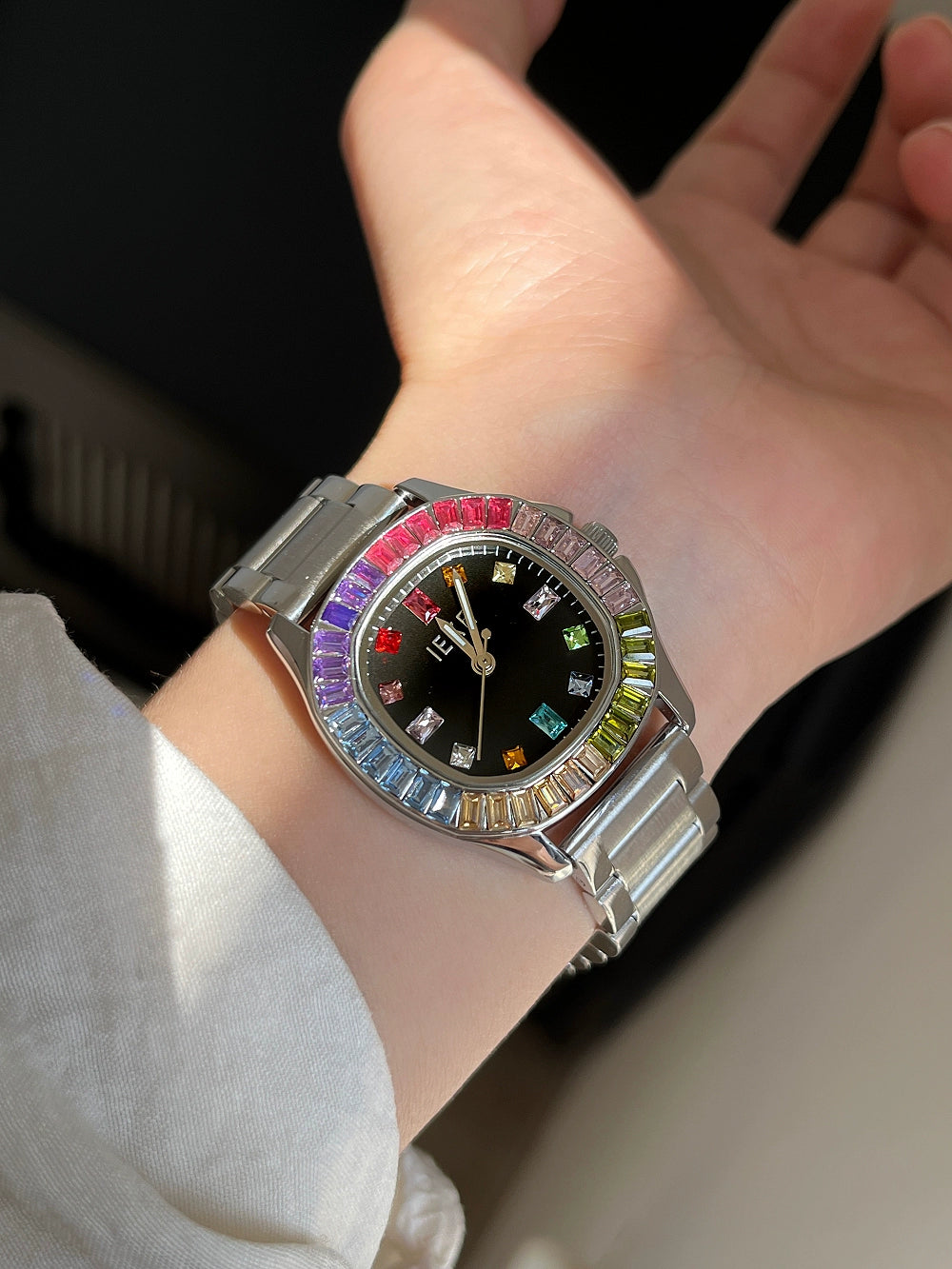 Josey Elegant Crystal Watch - Silver Band Black Face [7OHYXSUJ]