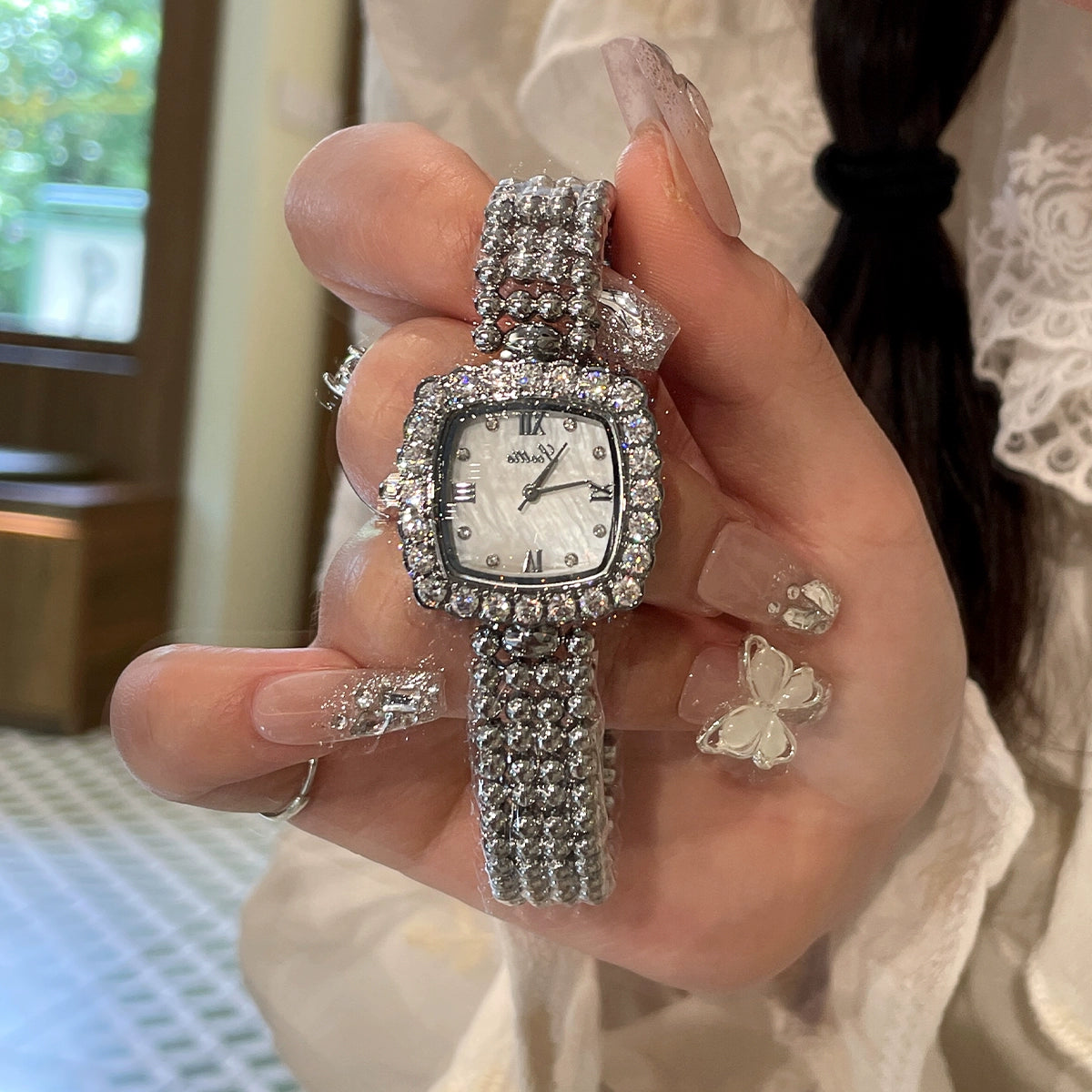 Eris Crystal Square Watch - Silver with Mother-of-Pearl White