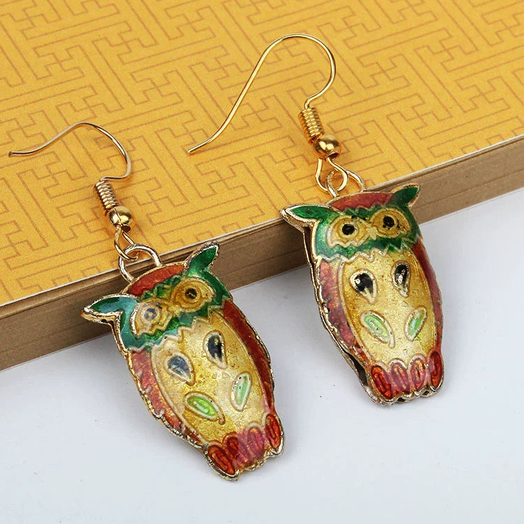 Adia Vintage Enamel Drop Earrings - Ginger Yellow Owl