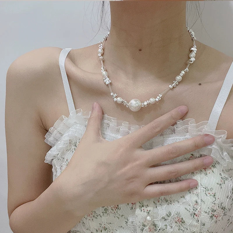 Naima Shattered Pearl Necklace - Beaded Spliced Shattered Silver Necklace