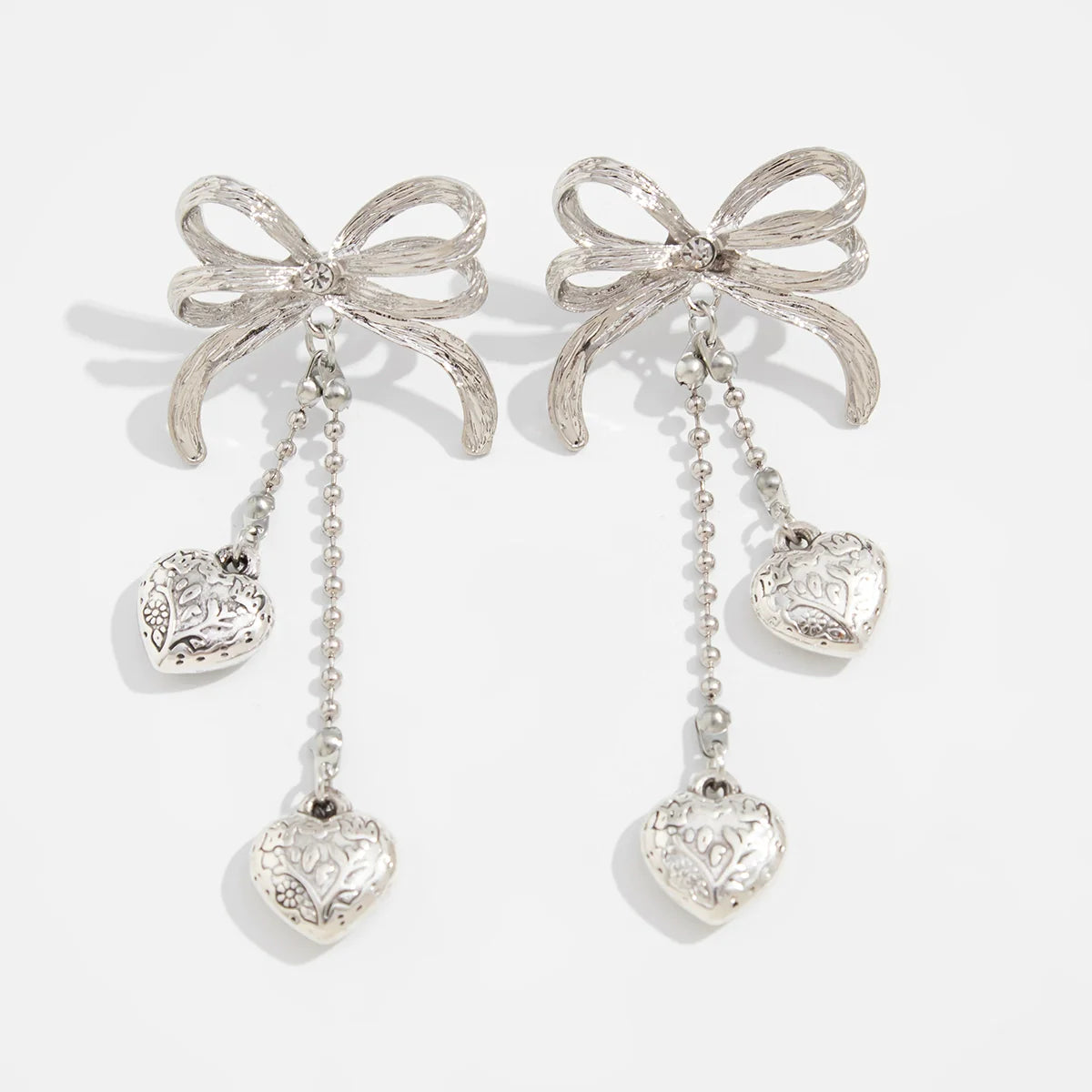 Jodi Heart Bow Tassel Studs - Silver