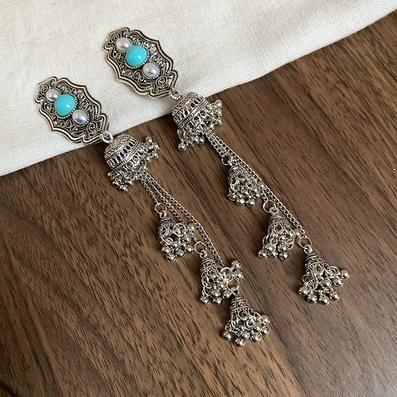 Triniti Turquoise Tassel Hairpin - Duckbill Clip - Silver Pair (Long Tassel) [PTYEFQJX]