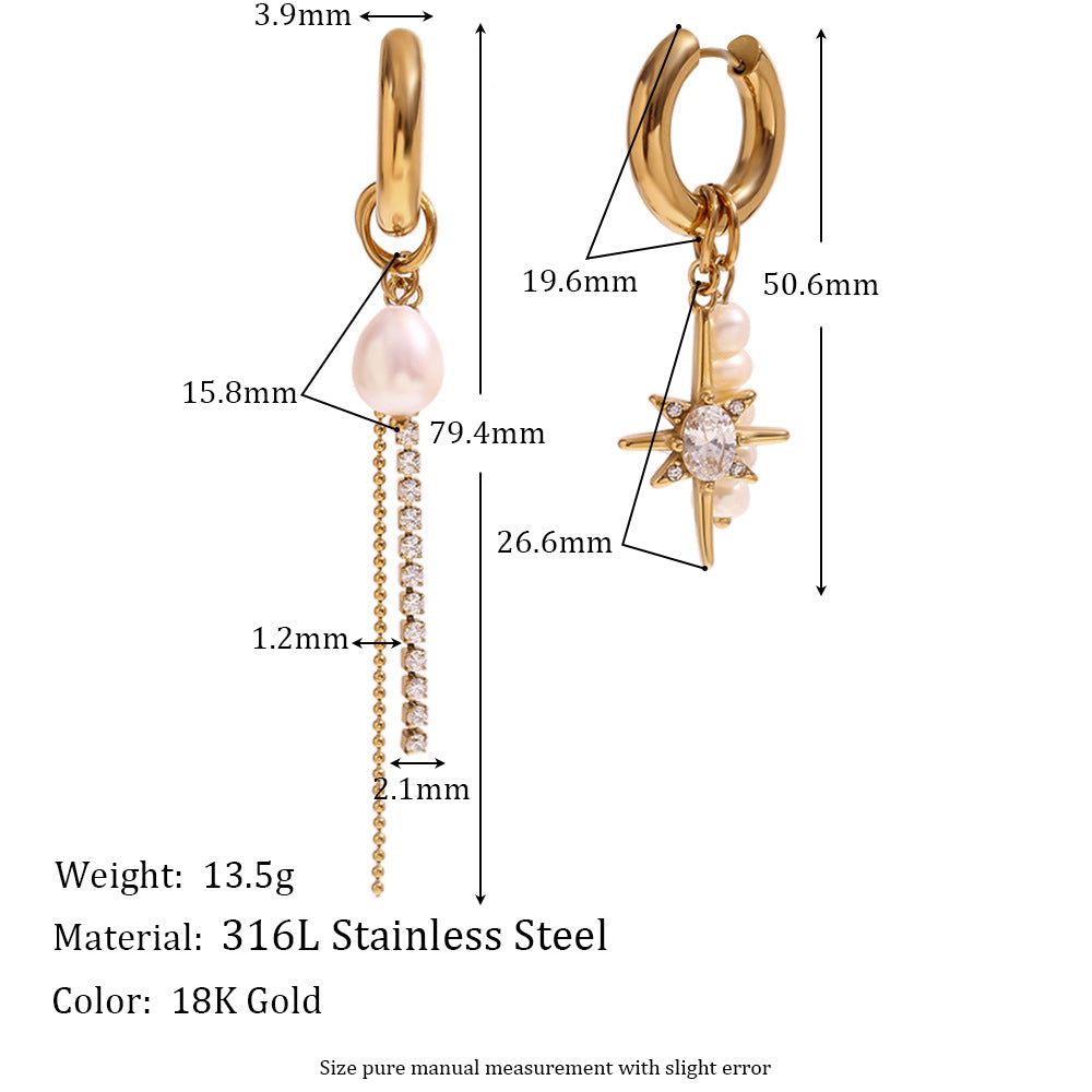 Rowena Asymmetric Pearl Star Earrings - Asymmetric Freshwater Pearl Zircon Eight-Pointed Star Chain Earrings - Gold [SU2OP29U]