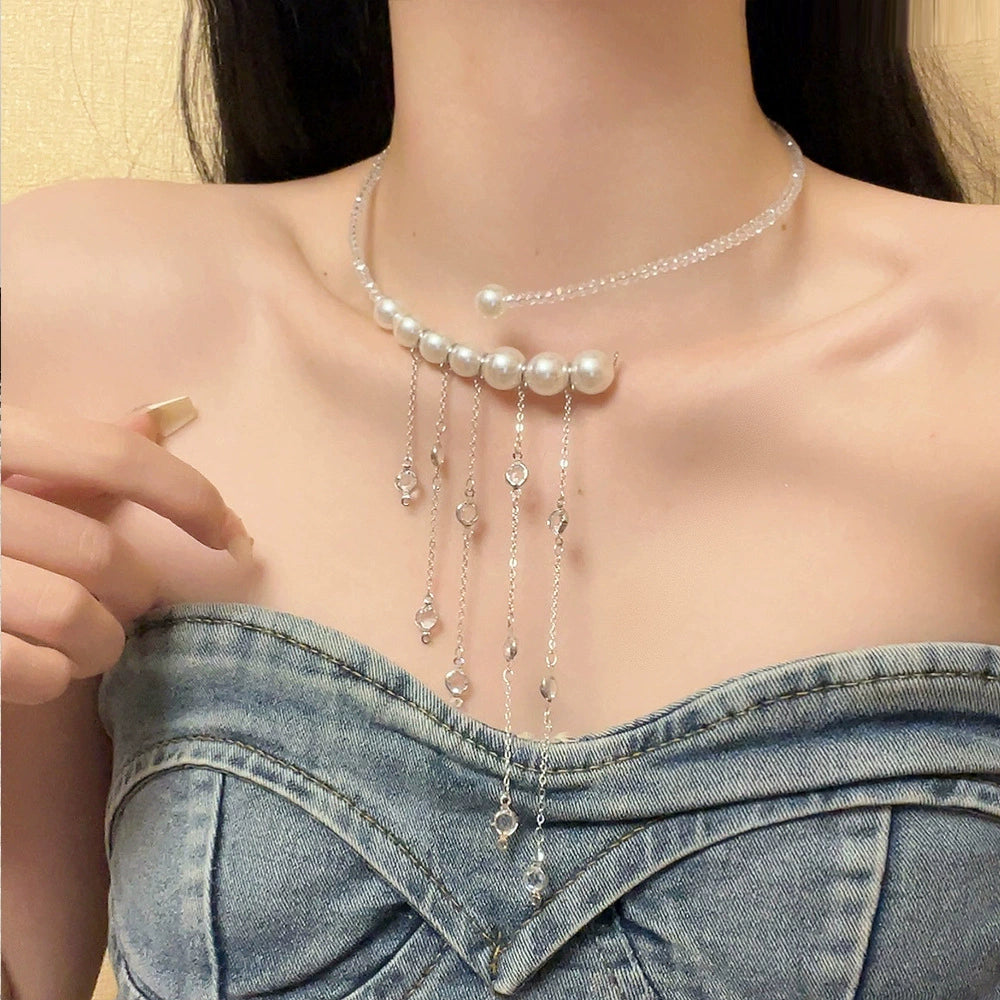 Kya Pearl Cross Tassel Choker - Rhinestone Tassel Choker [F9JKWJBG]