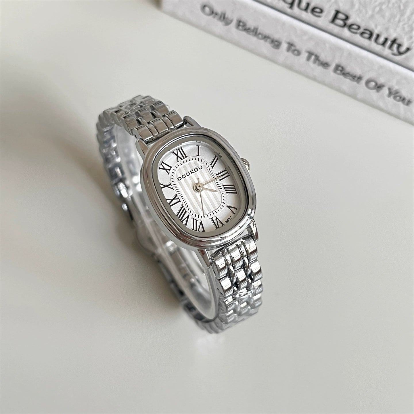 Kaydance Dainty Daisy Watch - Silver Band White Oval Roman Dial [G5TV7BYV]