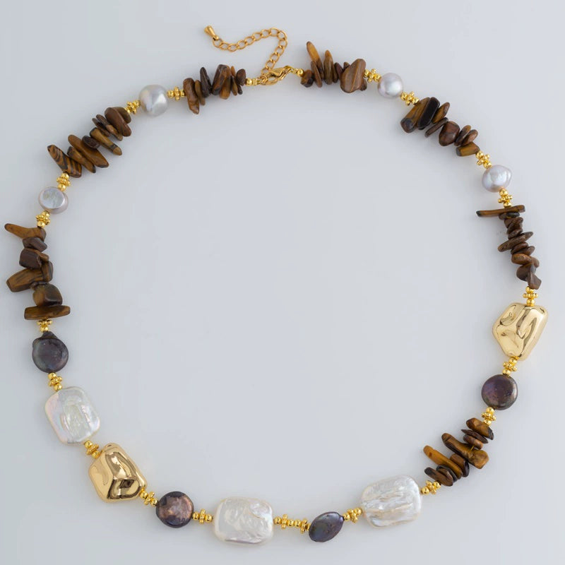 Mahina Baroque Pearl Tiger Eye Necklace - Baroque Pearl Tiger Eye Stone Necklace [ROXES35L]
