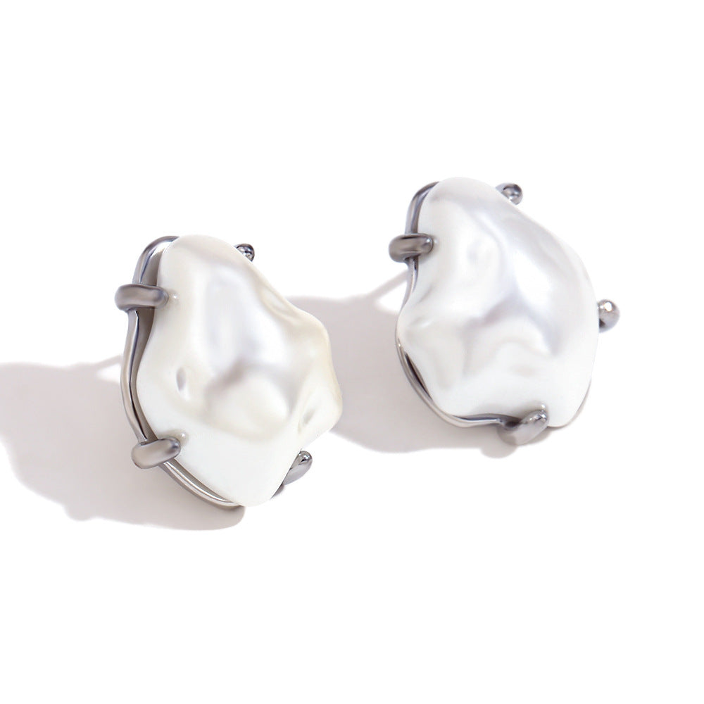Evette Pearl Starfish Earrings - Baroque Imitation Pearl Stud Earrings - Steel [AU7341SC]