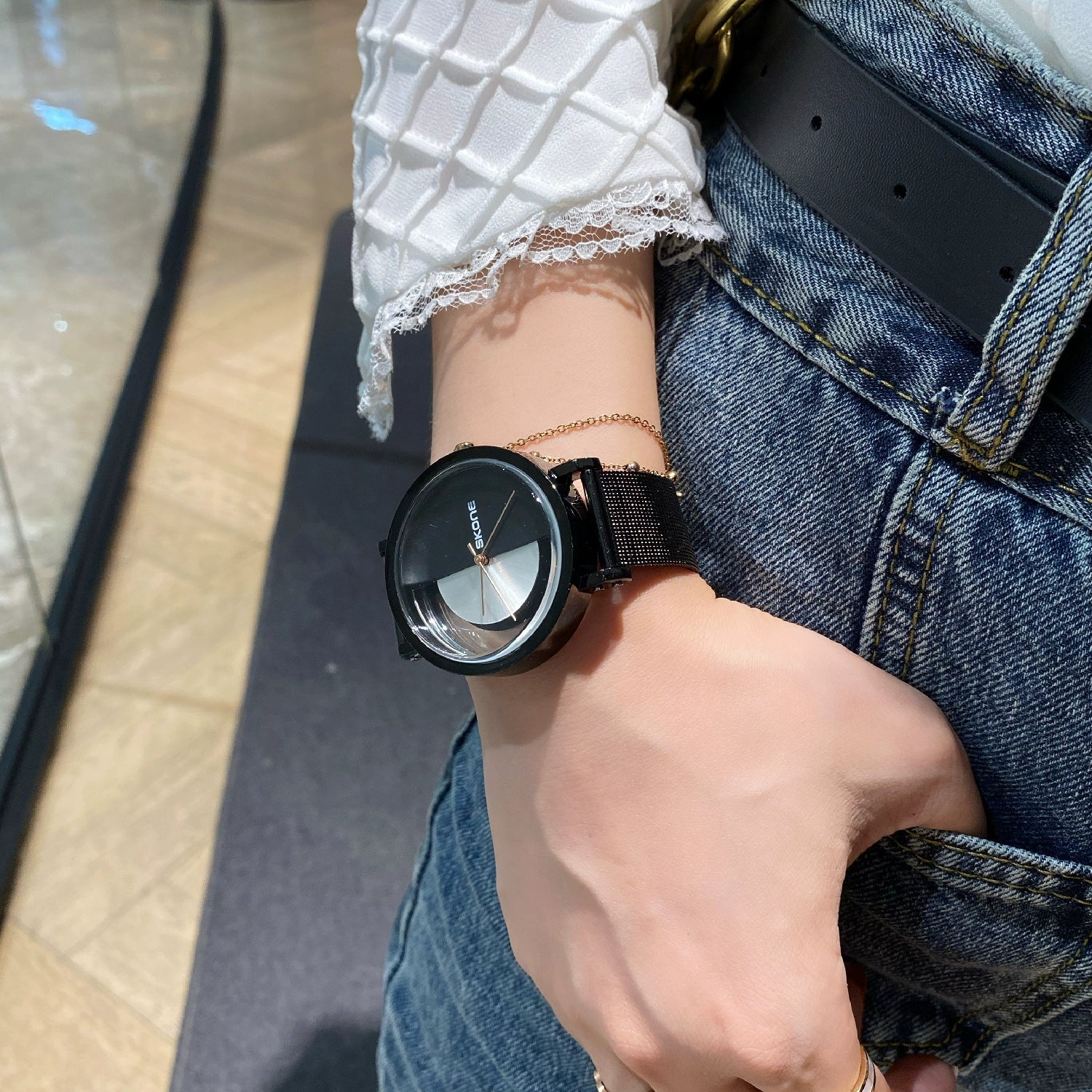 Remmington Skeleton Dial Watch - Black Mesh Strap with Original Leather Strap