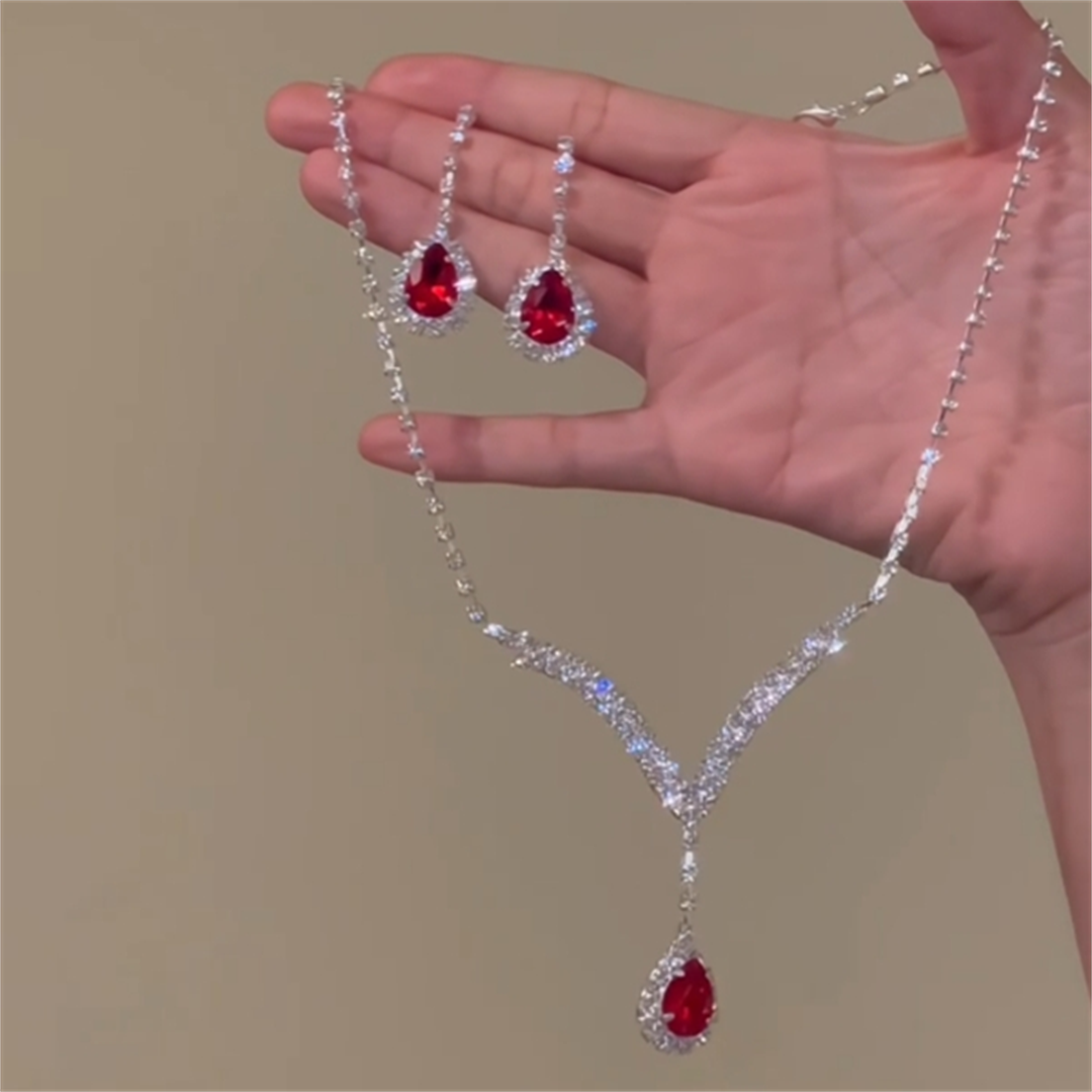Phyllis Red Zirconia Waterdrop Set - Necklace + Earrings