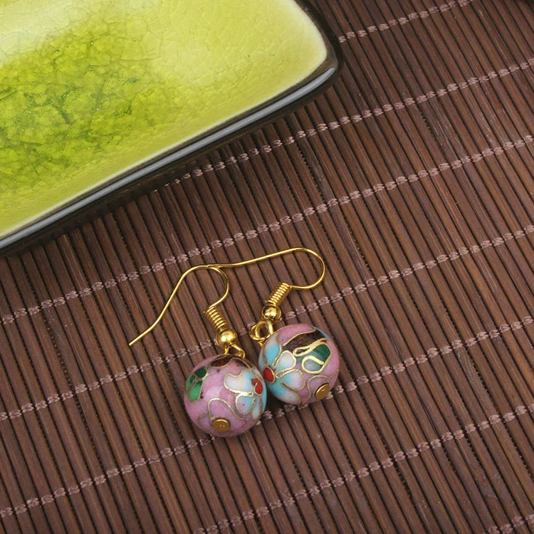 Adia Vintage Enamel Drop Earrings - Pink Round Bead
