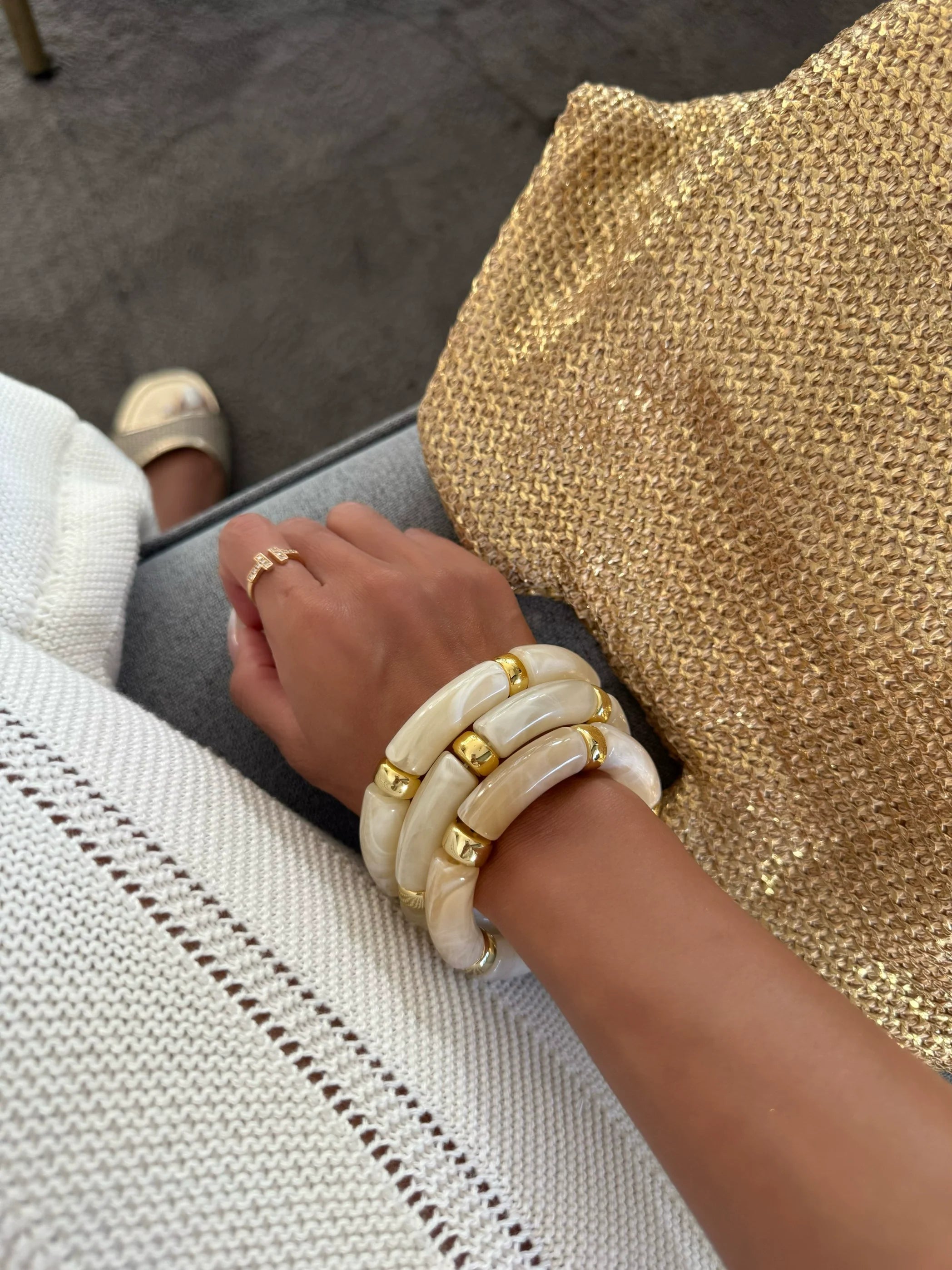 Alisa Beaded Bracelet Set - Beige Elastic Set