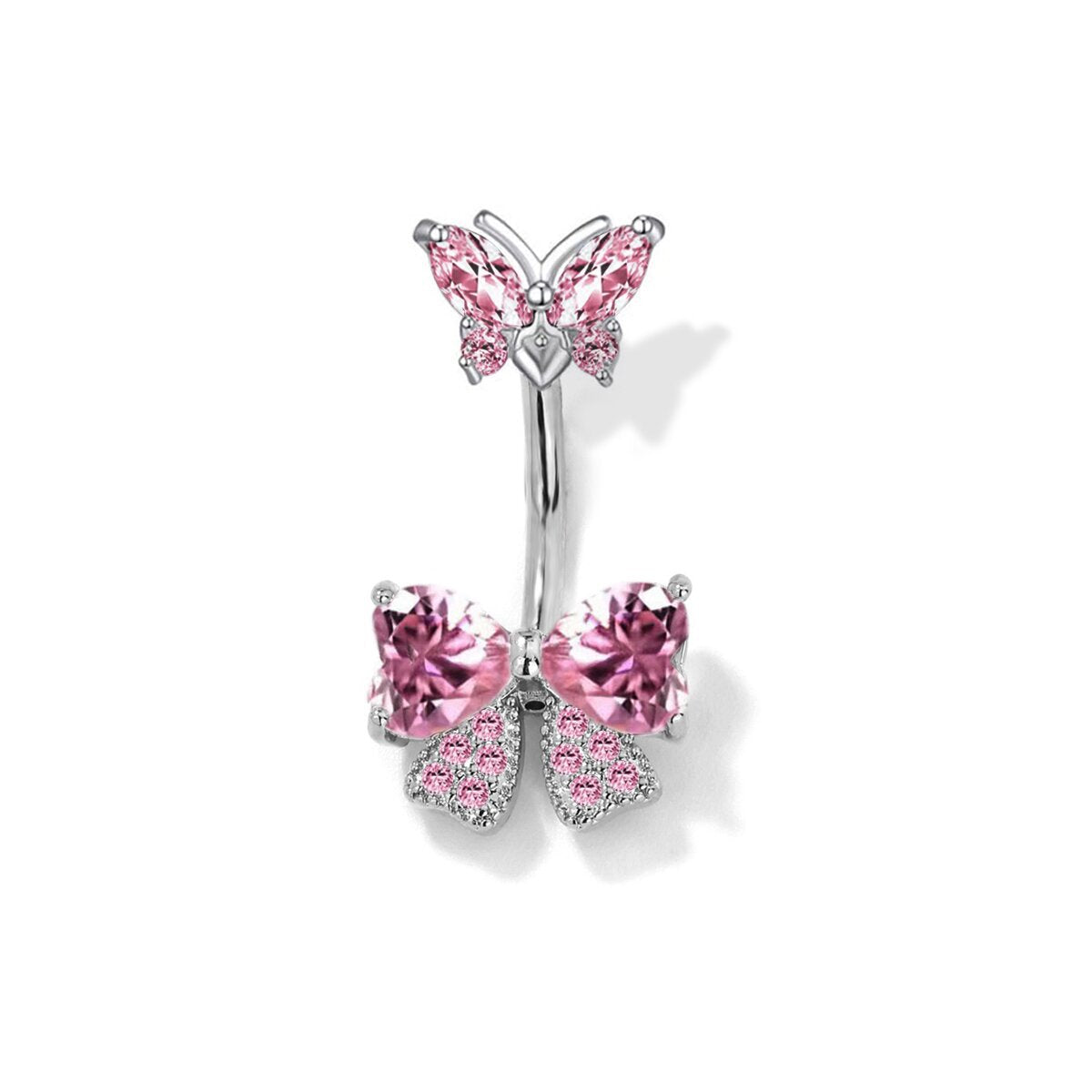Gia Sparkling Bow Belly Ring - Pink Stone (Platinum Tone) [6U7FEKDB]