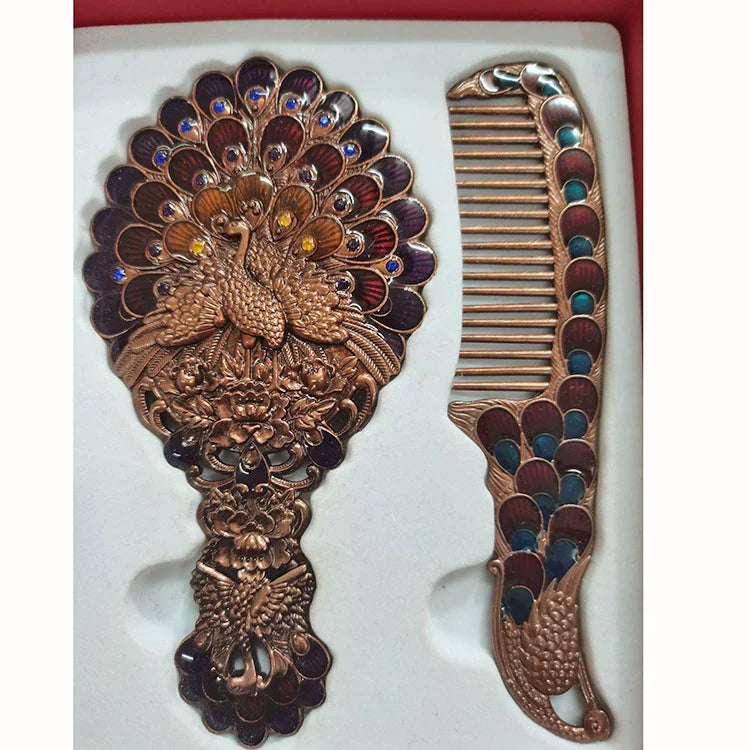 Hillary Vintage Mirror Set - Antique Bronze Spreading Tail Peacock - Red Box