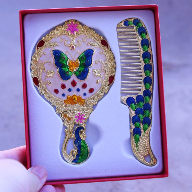 Hillary Vintage Mirror Set - Golden Butterfly - Red Box