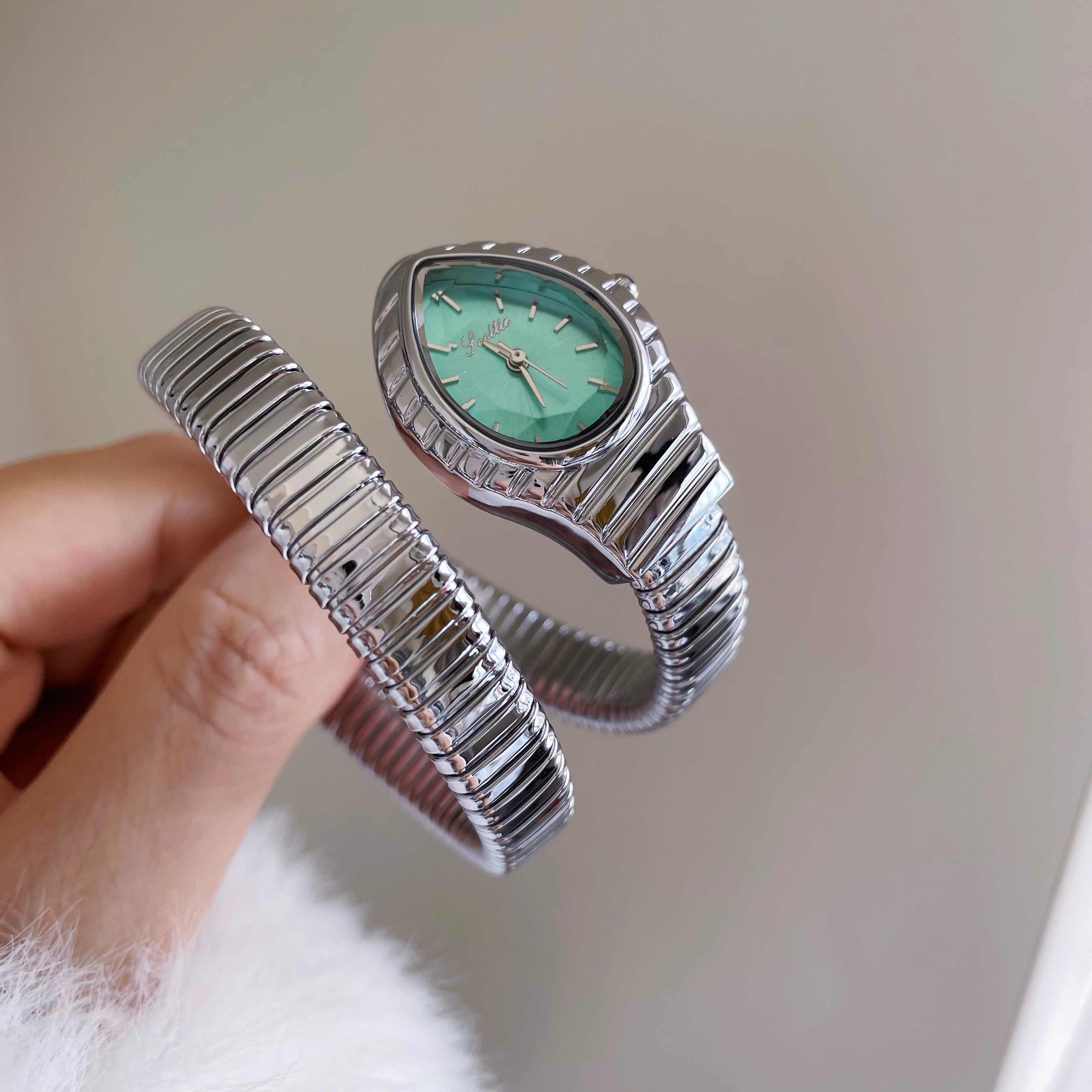 Milagros Coiled Serpent Watch - Silver Case Green Dial [I057YO1V]