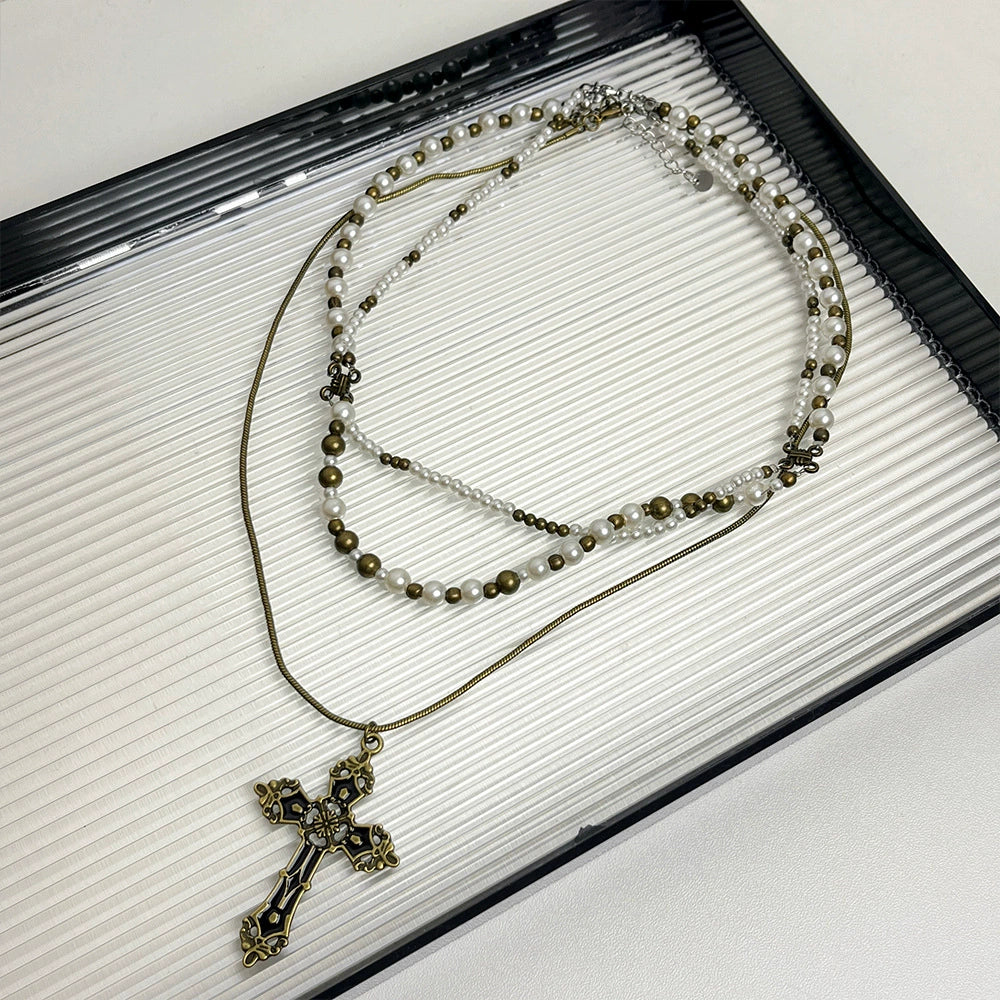 Anorah Regal Pearl Cross Necklace - Retro Multi-Layer Cross Necklace [1PAQK8IY]
