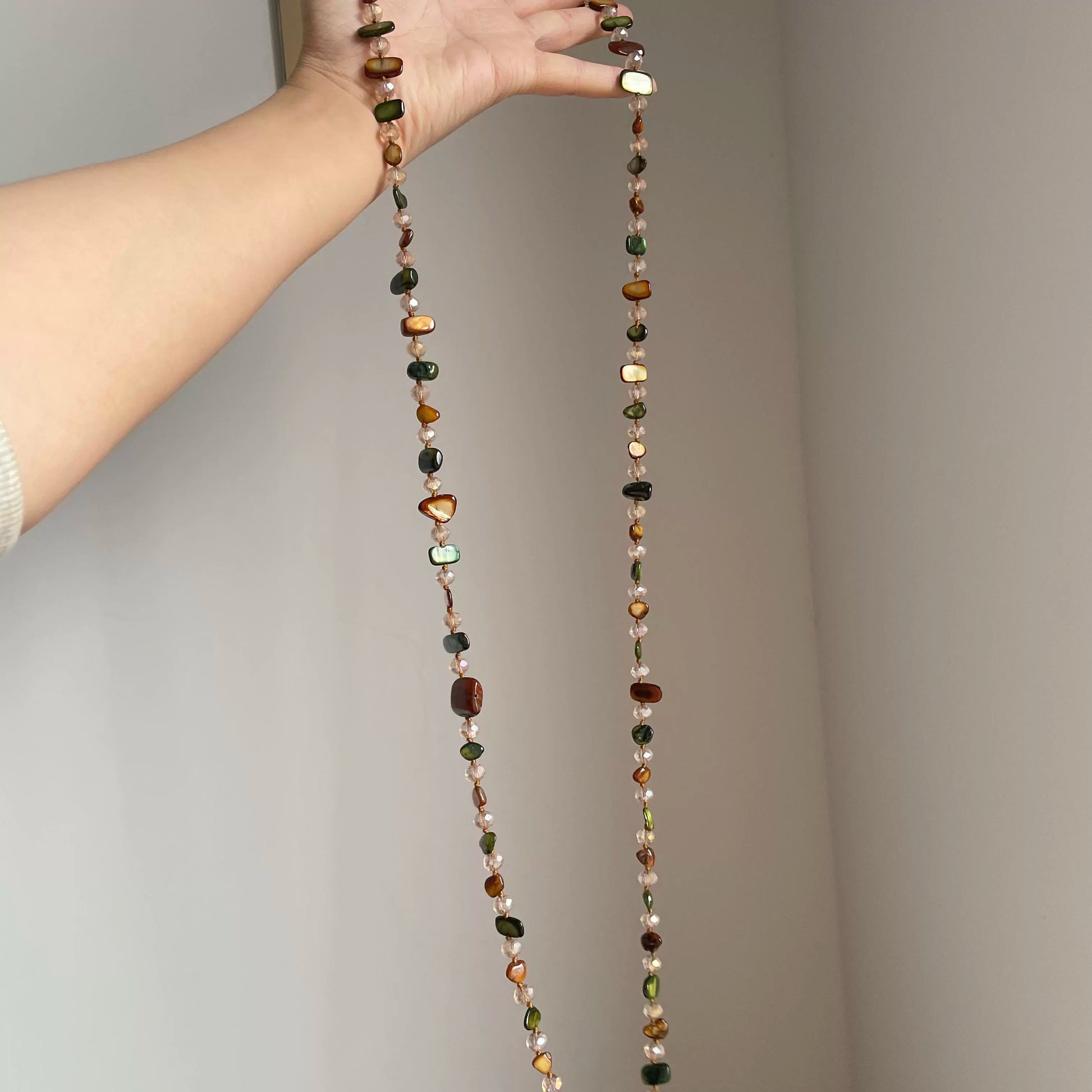 Liah Layered Shell Bead Necklace - Brown Green Shell Necklace (120cm)