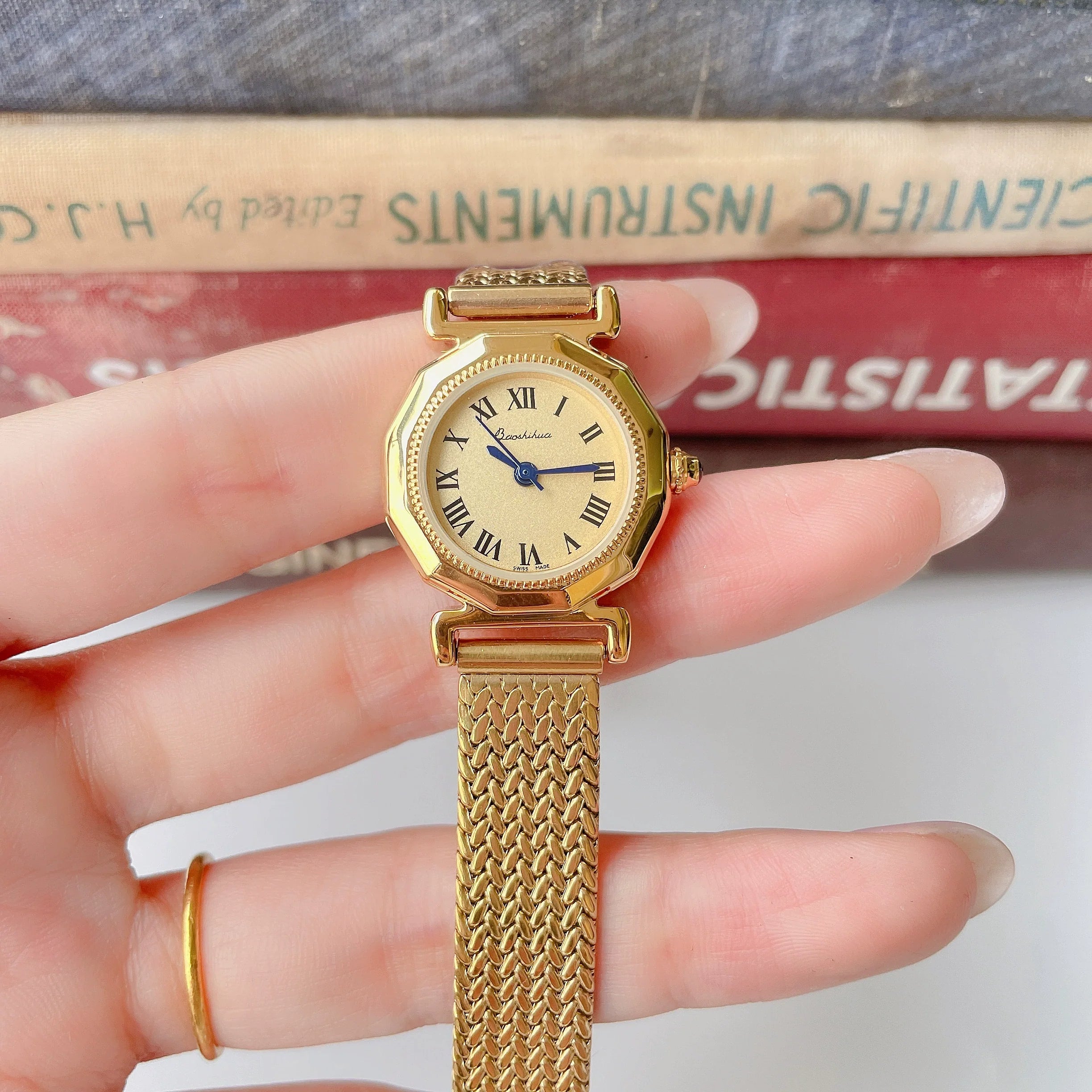 Aaron Vintage Blue Hand Watch - Gold Mesh Band with Brown Strap
