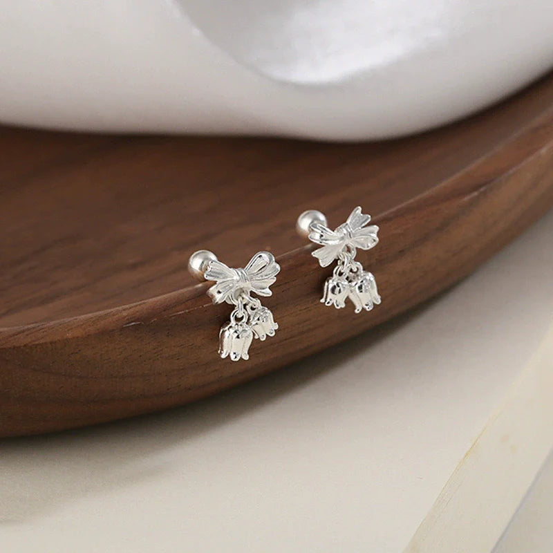 Amaira Bow Lily Stud Earrings - Silver Bow Lily of the Valley Earrings