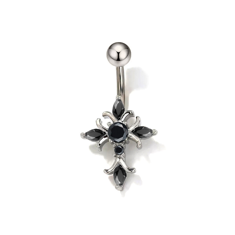 Adya Zircon Cross Belly Ring - Black (Platinum Plated) [XKPLJ8MM]