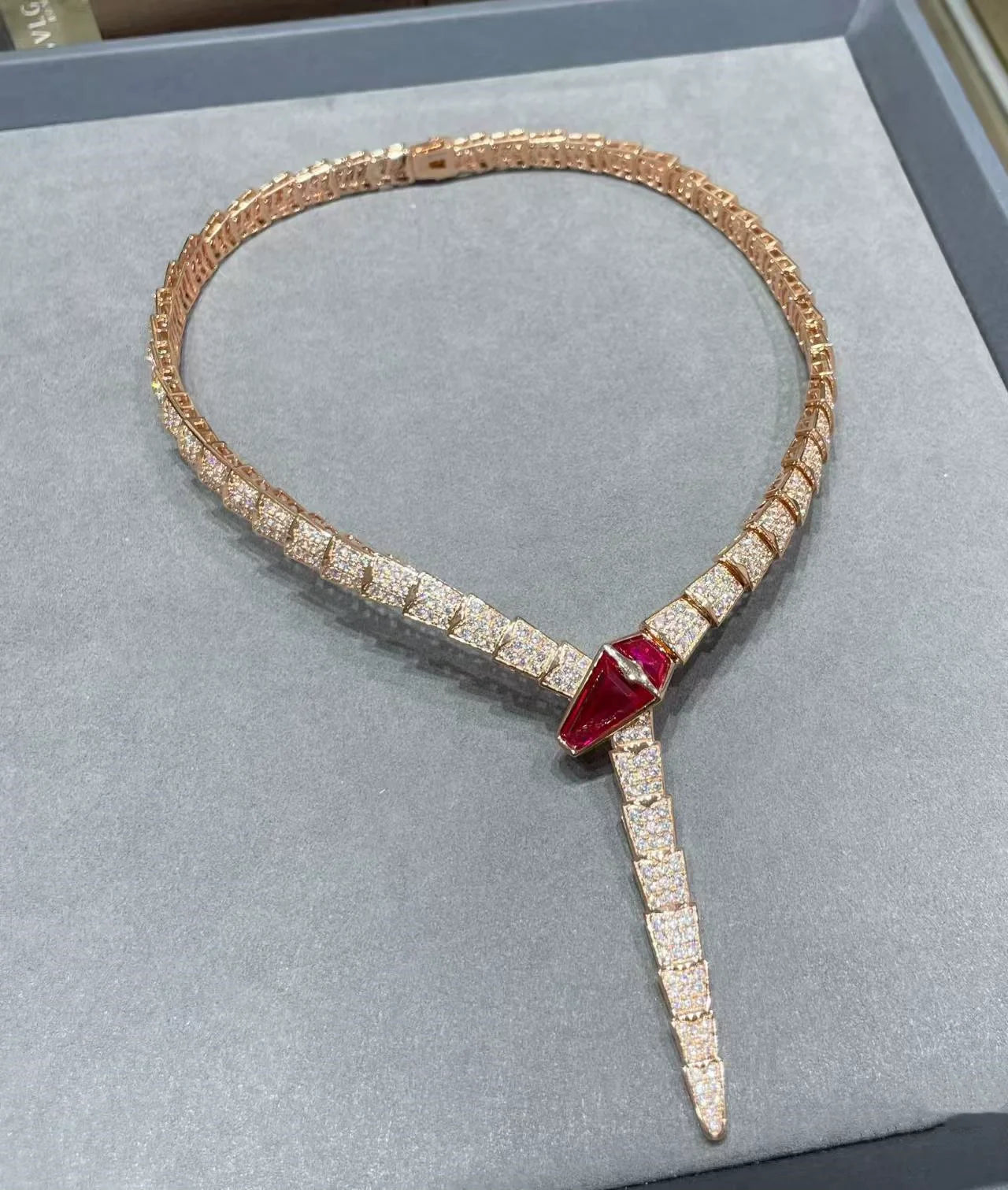 Kiera Serpent Diamond Necklace - Rose Gold Red Tourmaline