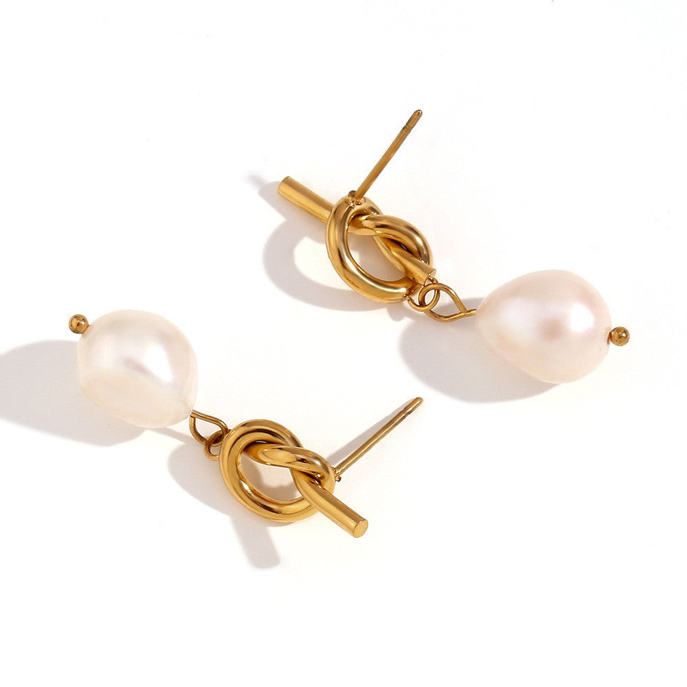 Avni Delicate Pearl Necklace - Knotted Button Freshwater Pearl Stud Earring - Gold [CLJ86LXY]