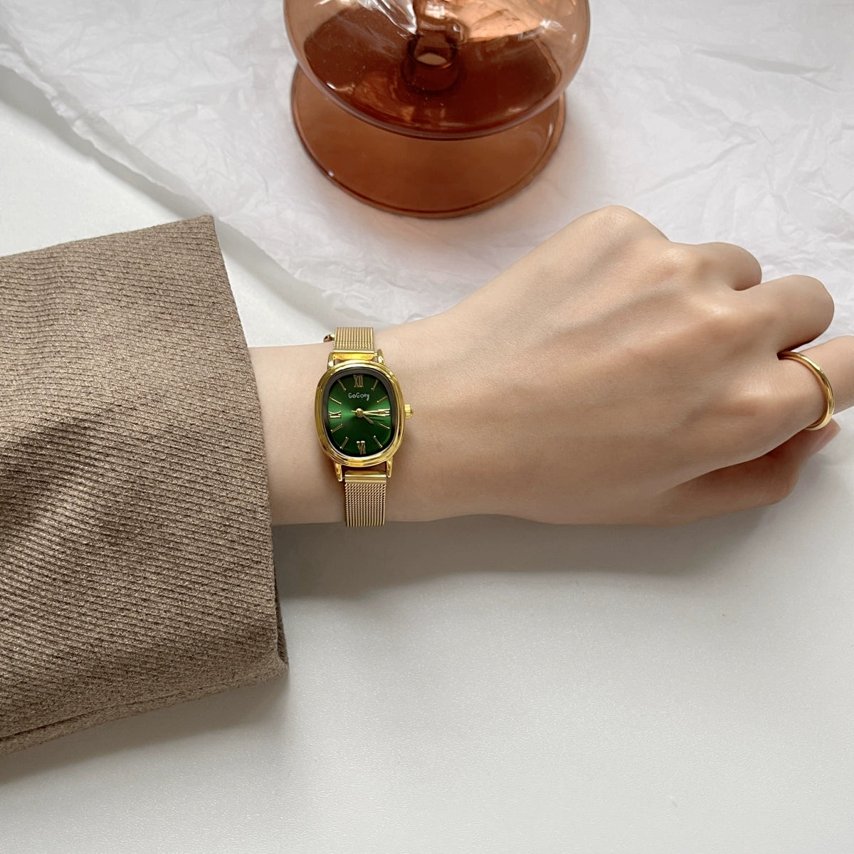 Monet Retro Oval Watch - Gold Strap with Green Dial [PDHB6ZQ8]