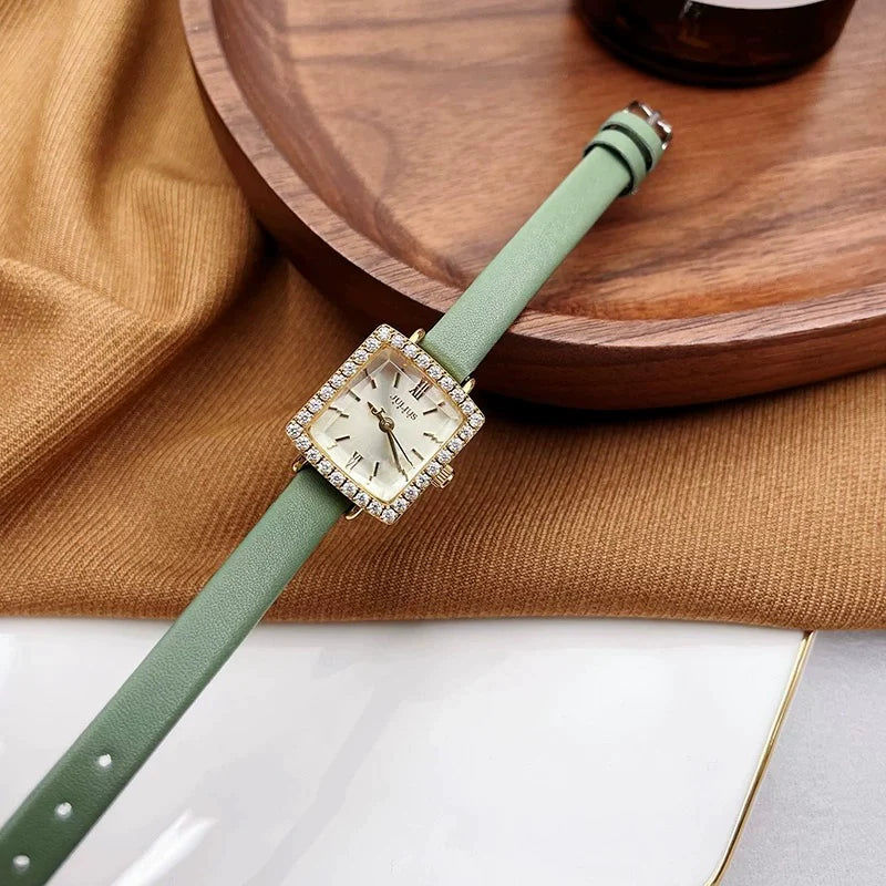 Ameliah Square Rhinestone Watch - Gold Case Green Strap