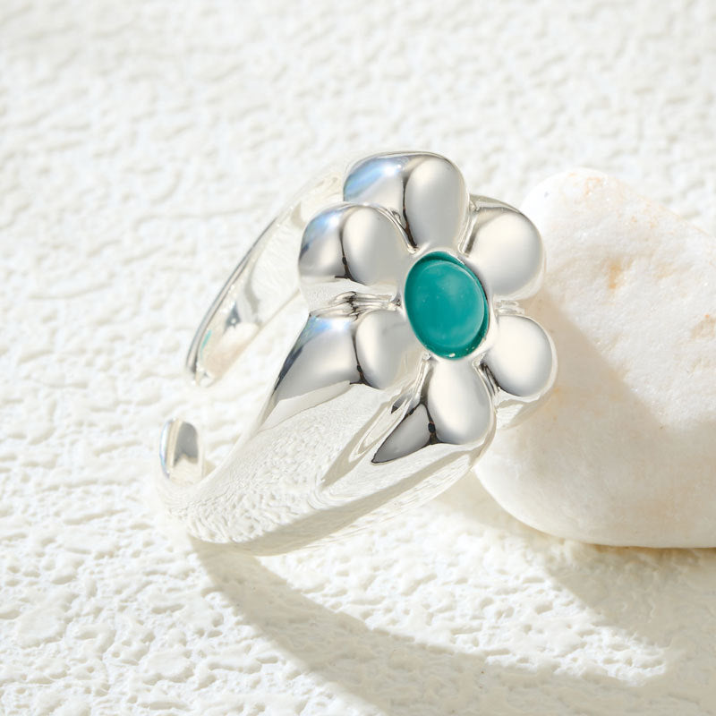 Ayana Bloom Open Ring - Silver Tone with Turquoise Flower [TG1265AA]