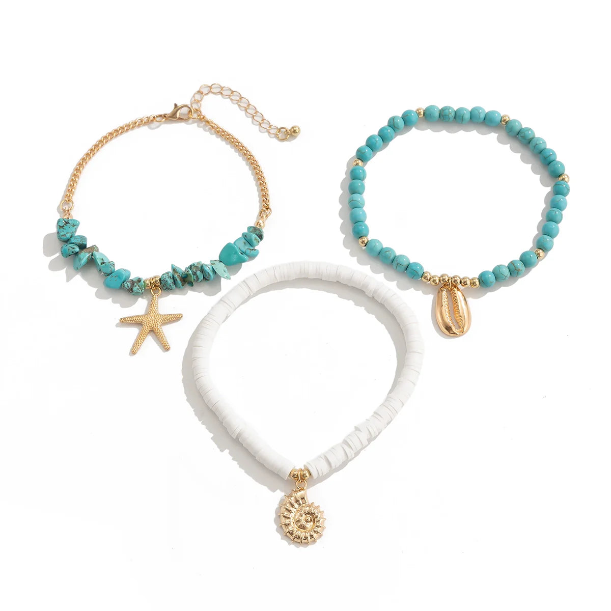 Carlota Shell Turquoise Anklet Set - 3-piece Set
