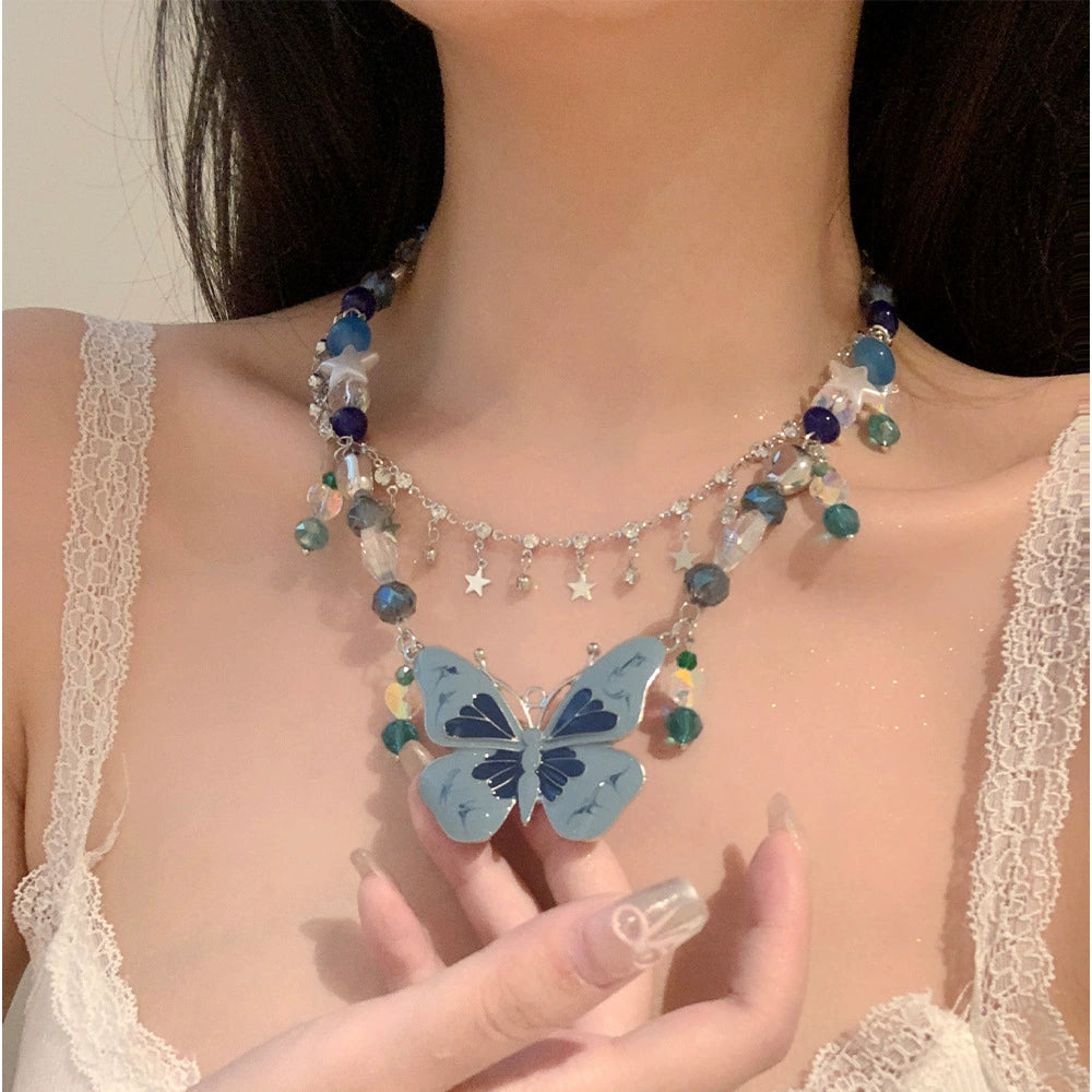 Jael Blue Beaded Butterfly Necklace - Blue Butterfly Necklace [EAIKBTAN]