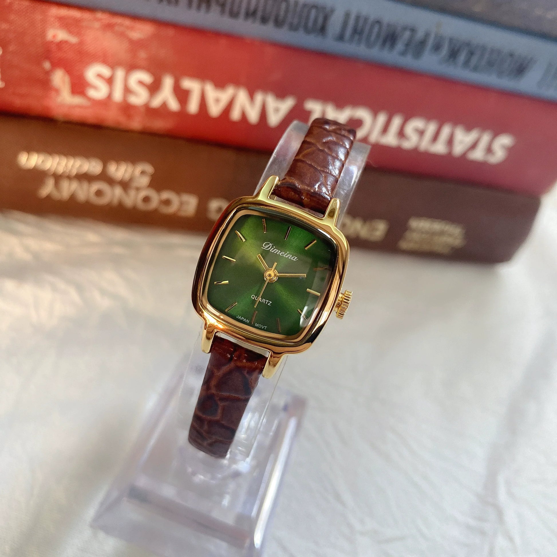 Yatziry Vintage Gold Tone Watch - Green with Green Gold & Brown Strap