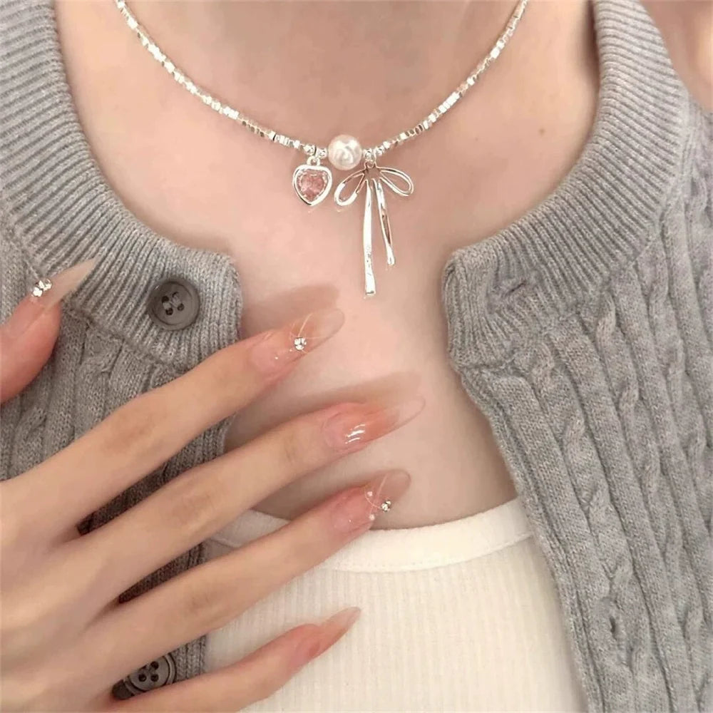 Bentlee Dainty Pink Heart Necklace - Silver Plated