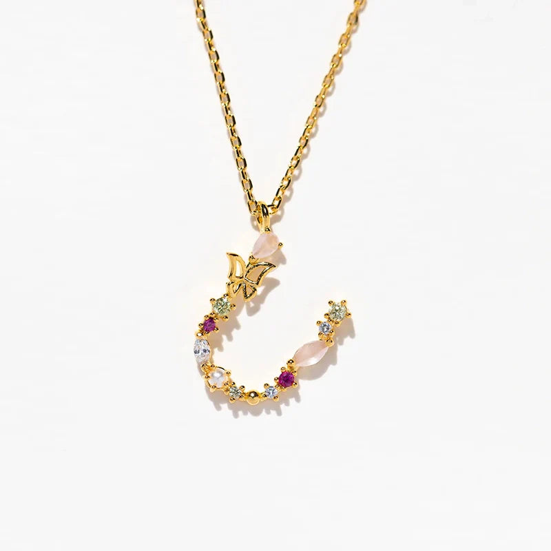 Joelle Golden Butterfly Initial Necklace - U Initial