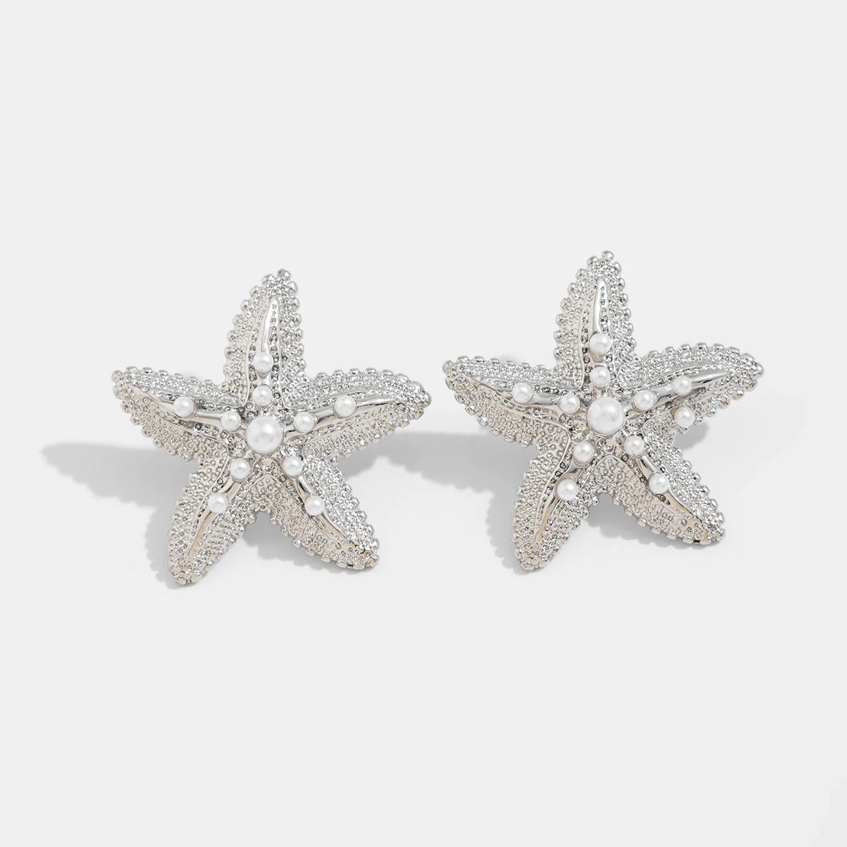 Estefania Faux Pearl Starfish Stud Earrings - Silver