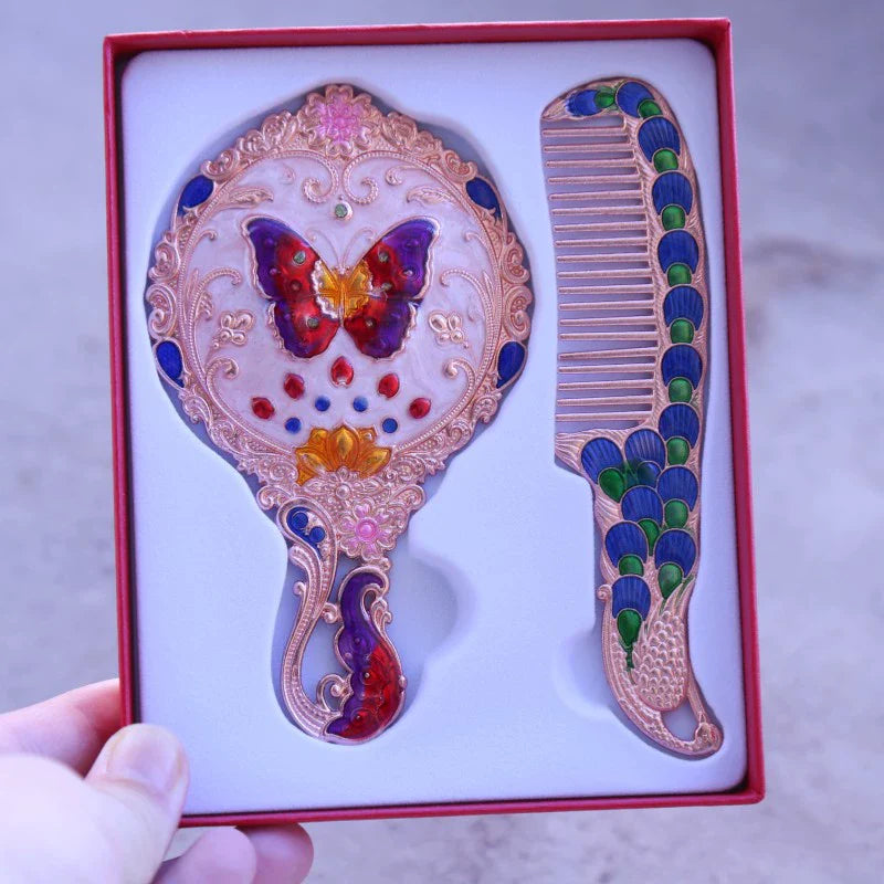 Hillary Vintage Mirror Set - Rose Gold Butterfly - Red Box